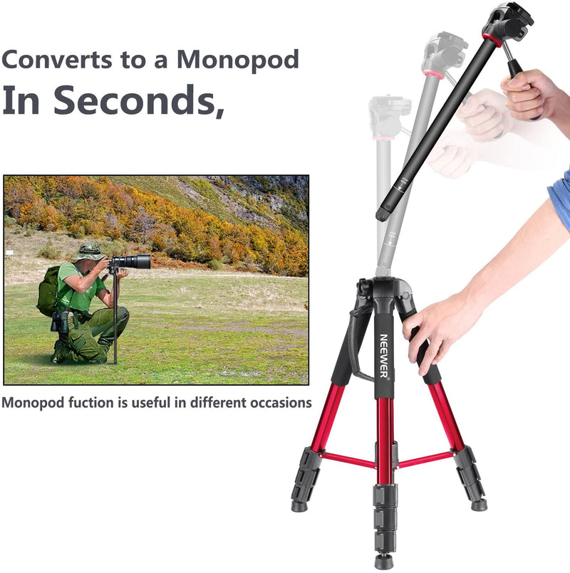 Neewer Portable 70 inches/177 centimeters Aluminium Alloy Camera Tripod Monopod with 3-Way Swivel Pan Head, Load 8.8lbs/4kg Red (SAB264)