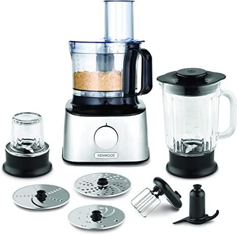 Kenwood Multipro Compact Food Processor, 1.2L Bowl, 1.2L Glass Blender, Dough Hook, Whisk, Reversible Slicing Grating Discs, Spice Mill, 800W FDM302SS