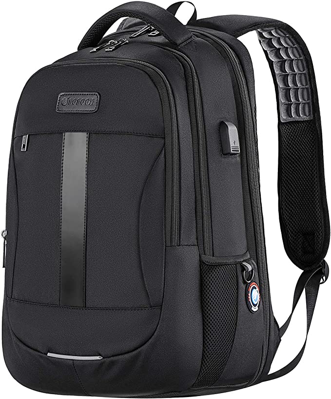 Sosoon Laptop Backpack, Anti-Theft Business Travel Work Computer Rucksack with USB Charging Port, Large Lightweight College School Bag 17 inch Black