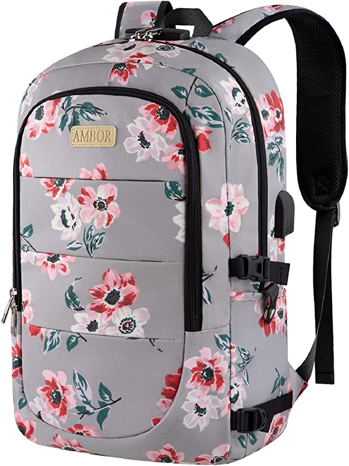 AMBOR Laptop Backpack 17.3 Inch for Women, Anti-Theft Travel Rucksack Bag with USB Charging Port, Water Resistant College School Daypack Floral