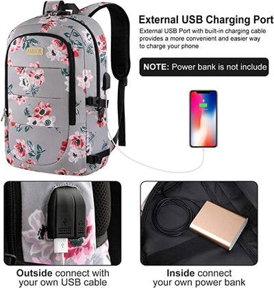 AMBOR Laptop Backpack 17.3 Inch for Women, Anti-Theft Travel Rucksack Bag with USB Charging Port, Water Resistant College School Daypack Floral