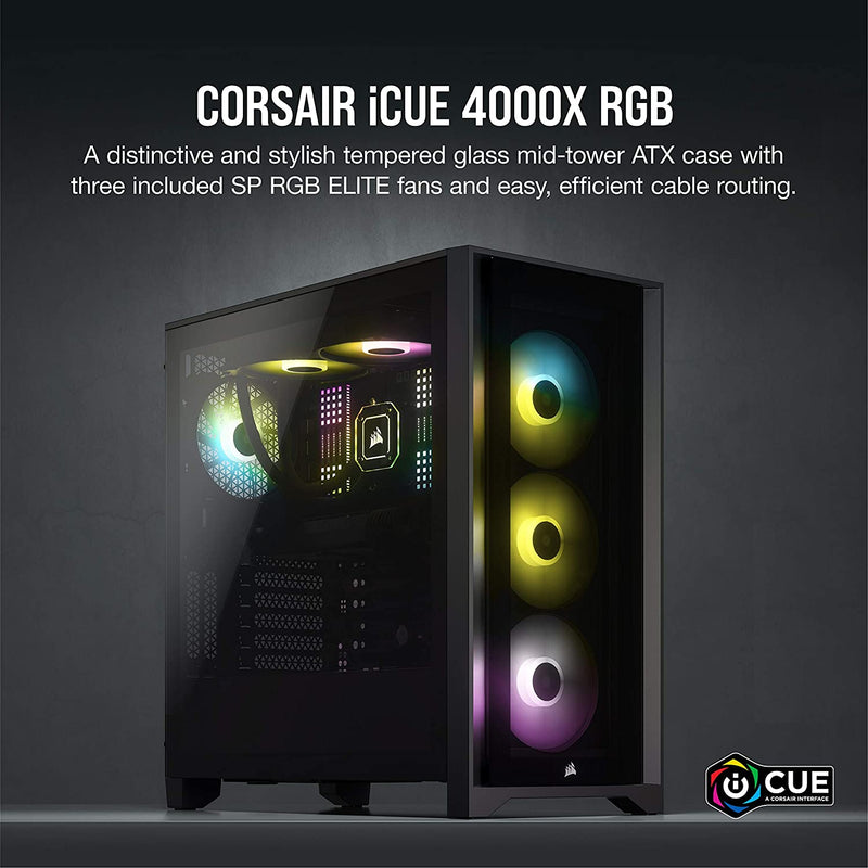 Corsair iCUE 4000X RGB Tempered Glass Mid-Tower ATX Case (Tempered Glass Panels, Cable Management System, Spacious Interior, Three RGB Fans) Black