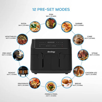 Devology Double Air Fryer - 9L - 2 x 4.5L Independent Cooking Zones - 50 Recipe Cookbook- 12 Cooking Programs - Digital LED Display - Healthy Oil-free