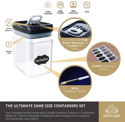 Chef's Path Airtight Food Storage Container Set - Kitchen & Pantry Containers - BPA-Free - Clear Plastic Canisters with Durable Lids 6 Piece Set 1.5L