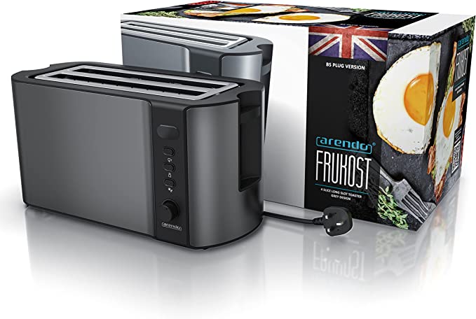 Arendo - Frukost 4 slice long slot toaster -  with warming rack – 6 browning settings – auto bread centring – reheat defrost cancel function - Grey