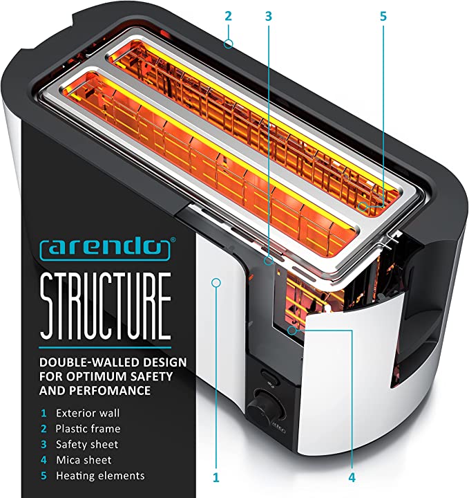 Arendo - Frukost 4 slice long slot toaster -  with warming rack – 6 browning settings – auto bread centring – reheat defrost cancel function - White