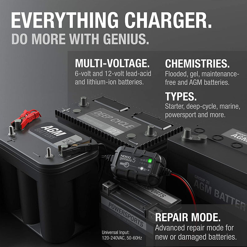 NOCO GENIUS5UK, 5A Fully-Automatic Smart Charger, 6V and 12V Battery Charger, Battery Maintainer and Battery Desulfator with Temperature Compensation