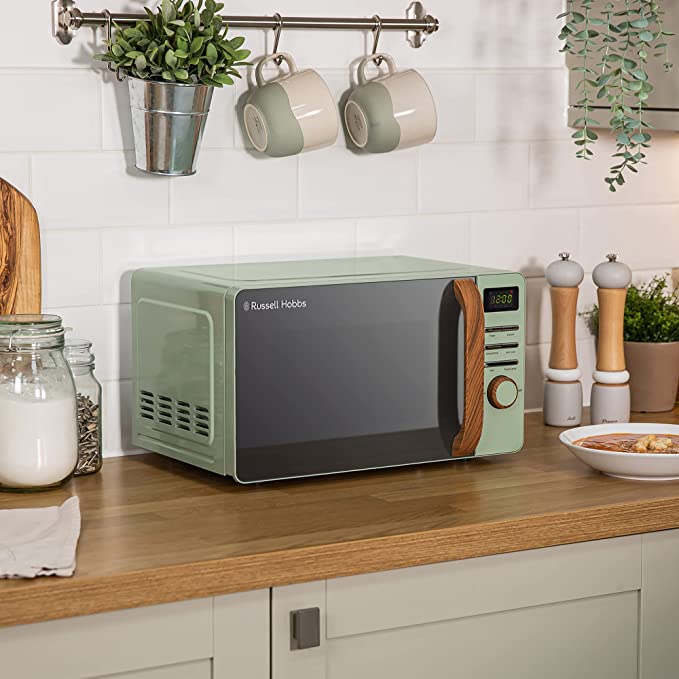 Russell Hobbs RHMD714MG-N 17 Litre Matt Green Digital Microwave with Wood Effect handle and dials&