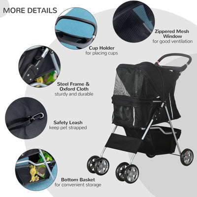 PawHut Pet Stroller Dog Pushchair Foldable Travel Carriage for Small Miniature Dogs Cats w/ Zipper Entry Cup Holder, Black