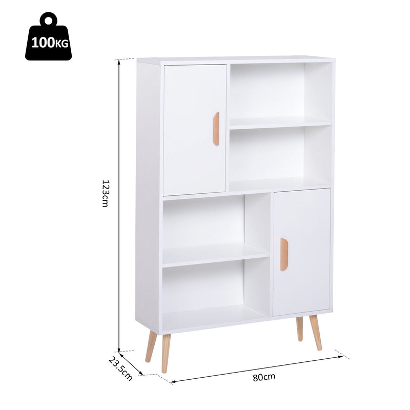 Free Standing Bookcase Shelves W/ Two Doors, 80L X 23.5W 123Hcm - White