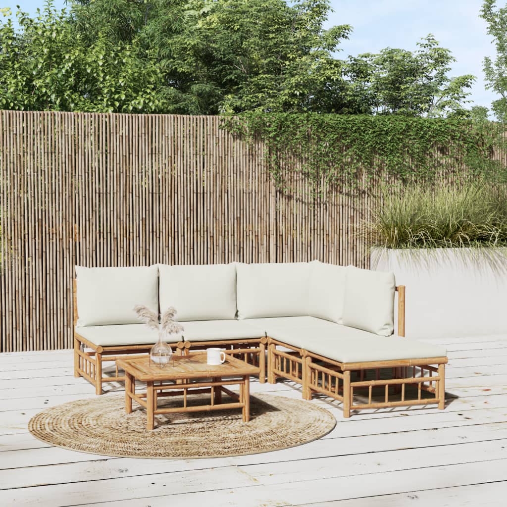 6 Piece Garden Lounge Set with Cream White Cushions Bamboo 3155199