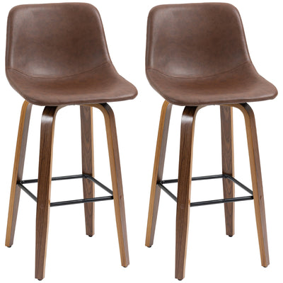 HOMCOM Bar Stools Set of 2, Breakfast Bar Chairs, PU Leather Upholstered Kitchen Stools w/ Backs, Wood Legs for 89-99cm Bar Table, Brown