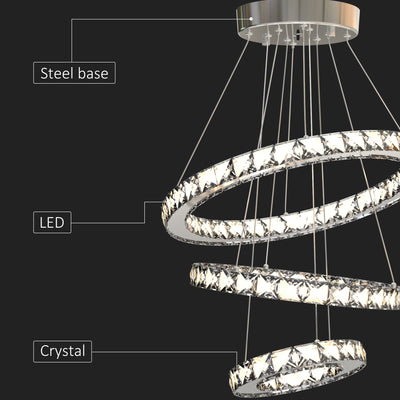 HOMCOM Modern LED Chandelier with 3 Crystal Rings, Dimmable Pendent Ceiling Light Cool Warm White with Adjustable Cable Remote Controller, Silver