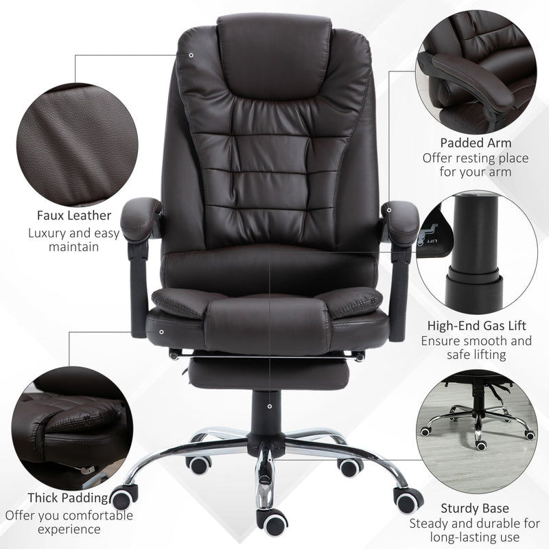 HOMCOM PU Leather Executive Office Chair, High Back Swivel Chair with Retractable Footrest, Adjustable Height, Reclining Function, Brown