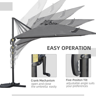 Outsunny 2.7 x 2.7 m Cantilever Parasol, Square Overhanging Umbrella with Cross Base, Crank Handle, Tilt, 360° Rotation and Aluminium Frame, Dark Grey