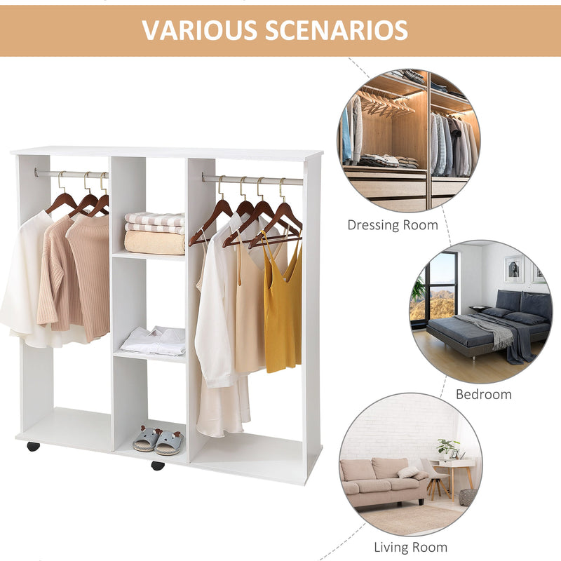 HOMCOM Double Mobile Open Wardrobe With Clothes Hanging Rails Storage Shelves Organizer Bedroom Furniture - White