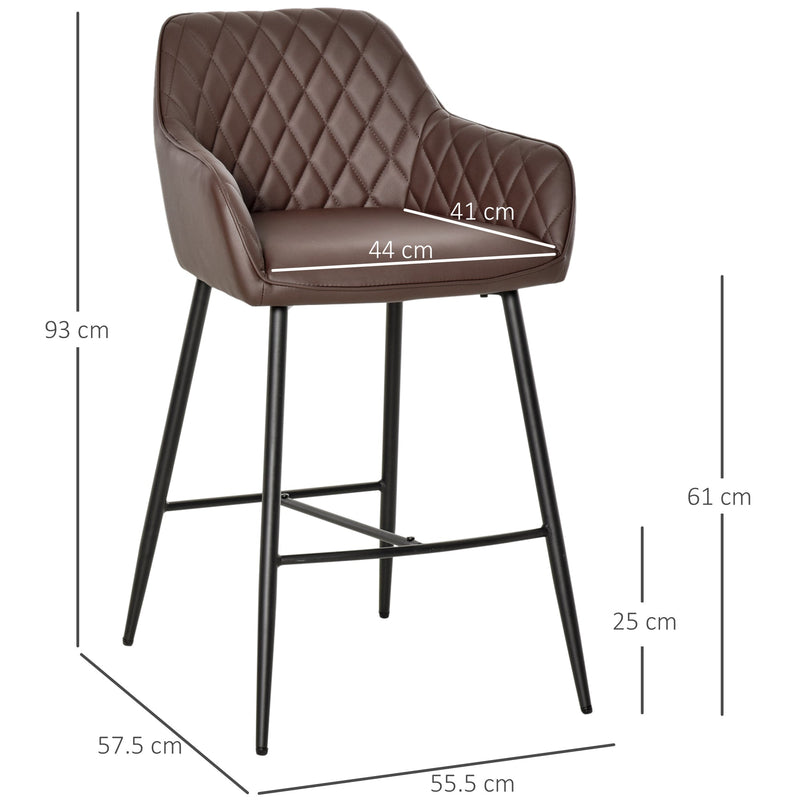 HOMCOM Set of 2 Bar stools Retro PU Leather Bar Chairs w/ Footrest Metal Frame Comfort Support Stylish Dining Seating Home Brown