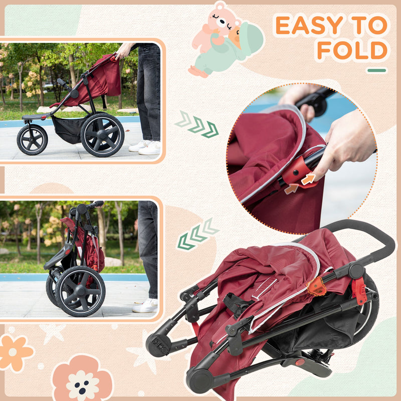 HOMCOM Foldable Three-Wheeler Baby Stroller w/ Canopy, Storage Basket - Red