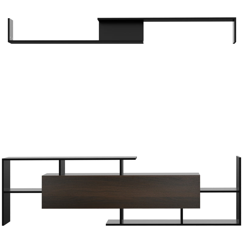 Modern TV Cabinet With Wall Shelf, Black Dark Brown