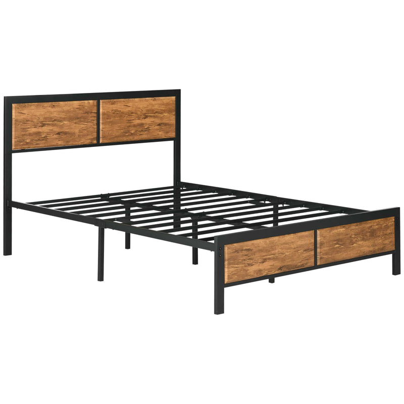 HOMCOM Industrial Double Bed Frame, 5FT Steel Bed Base with Headboard, Footboard, Slatted Support and Under Bed Storage, 147 x 197cm, Rustic Brown