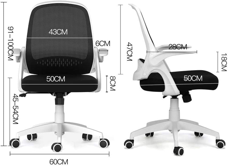 Hbada Office Desk Chair Flip-up Armrest Ergonomic Task Chair Compact 120° Locking 360° Rotation Seat Surface Lift Reinforced Nylon Resin Base, White