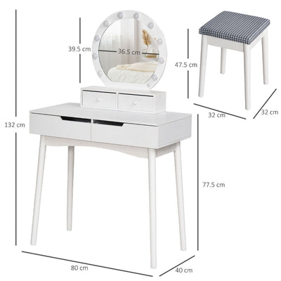 Modern Look Dressing Table Set with Lights Drawer and Cushioned Stool - White