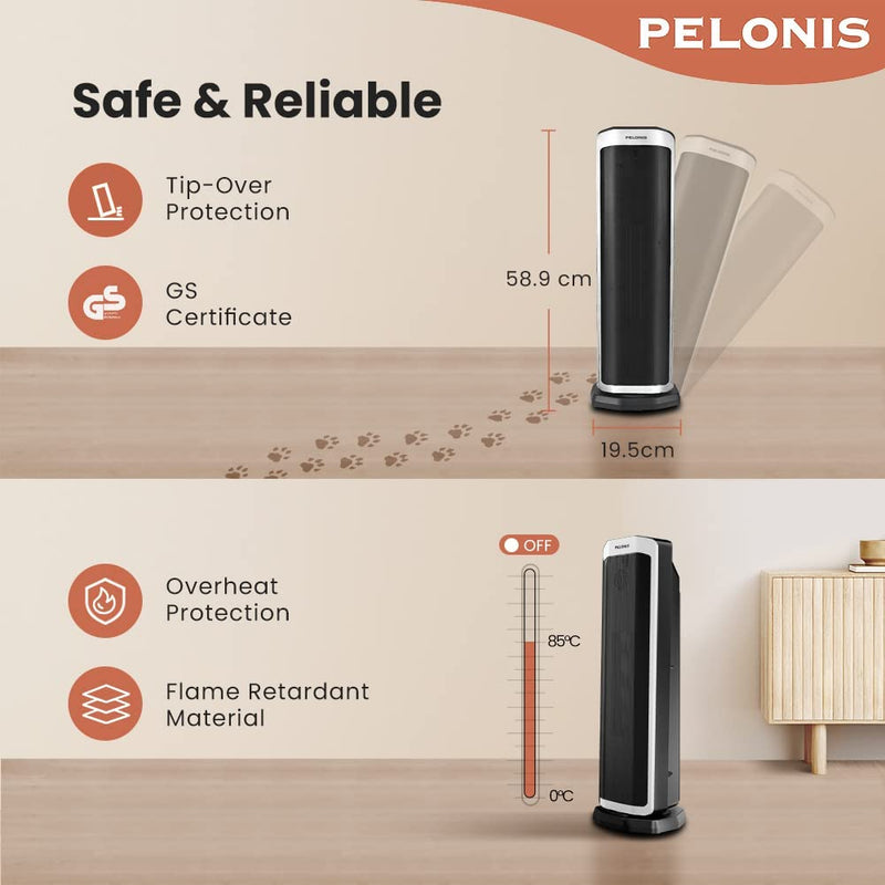 PELONIS Electric Space Heater 2000W, Remote Control, Energy Efficient, Portable Ceramic Heater, 75° Oscillation, Thermostat, Overheat Protection White