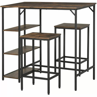 Black Industrial Design Bar Table Set With 2 Stools & Side Shelf - Rustic Brown