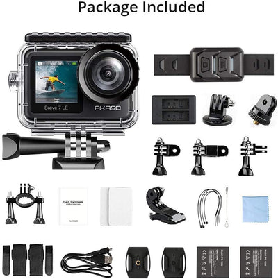 AKASO Brave 7 LE Dual Screen WiFi Sports Action Camera, IPX7 Waterproof Native 4K 20MP, EIS Touch Screen, Underwater 40m Cam, 2X 1350mAh Batteries