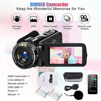 DIWUER Video Camera Camcorder Upgraded Full HD 1080P 30MP Vlogging For YouTube 18X Digital Zoom 3.0" LCD 270 Degree Flip Screen With 2 Batteries