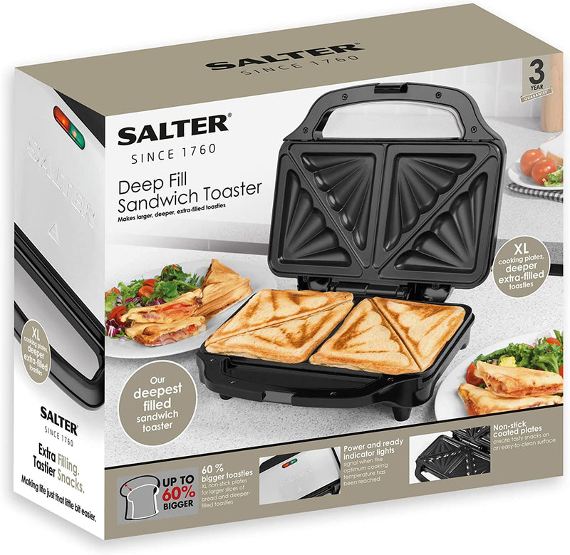 Salter EK2017S Electric XL Deep Fill Sandwich Toaster Press, Makes 2 Toasties In 4 Minutes, Stainless Steel, 900W, Non-Stick Plates, Cool Touch Handle