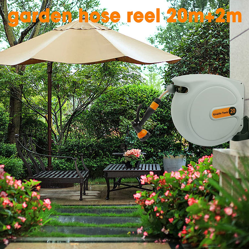 Giraffe Tools Retractable Garden Hose Reel Wall Mounted 20+2m, Hose Pipe Reel Automatic Rewind with 7 in 1 Spray Gun and Swivel Bracket