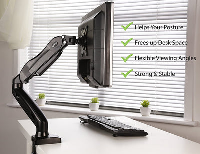 Invision PC Monitor Arm, Gas Powered Desktop Clamp Mount for 17–27” Screens Adjustable Tilt Swivel VESA 75mm & 100mm Weight 2kg to 6.5kg (MX150)