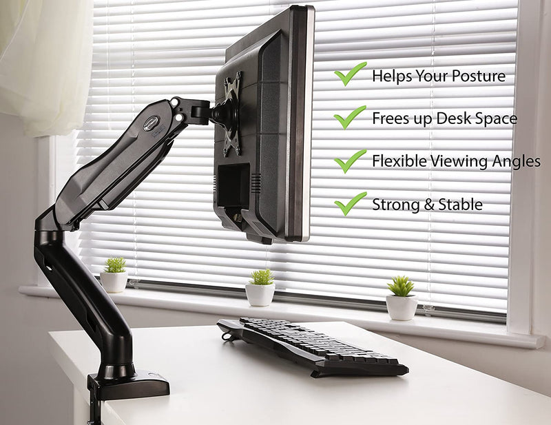 Invision PC Monitor Arm, Gas Powered Desktop Clamp Mount for 17–27” Screens Adjustable Tilt Swivel VESA 75mm & 100mm Weight 2kg to 6.5kg (MX150)