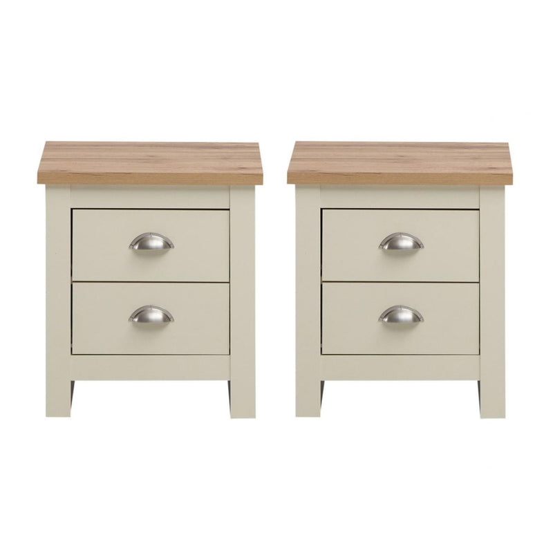 Lisbon 2 Piece Set - 2x Two Drawer Bedside Tables / Lamp Tables in Cream & Oak