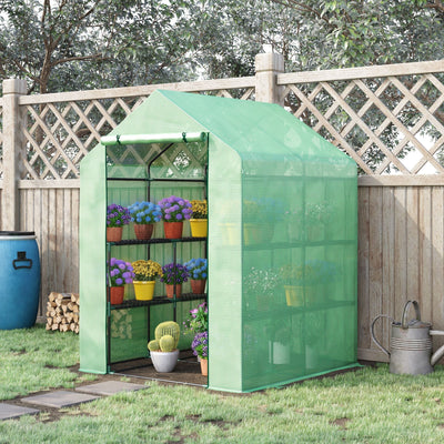 Outsunny Walk in Garden Greenhouse with Shelves Polytunnel Steeple Green house Grow House Removable Cover 143x138x190cm, Green