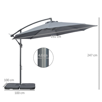 3m Overhanging Garden Parasol, With Weights And Cover - Grey