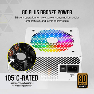 Corsair CX750F RGB, 80 PLUS Bronze Fully Modular ATX Power Supply (80 PLUS Bronze Certified, 120 mm RGB Fan Low Noise,105°C Japanese Capacitors) White