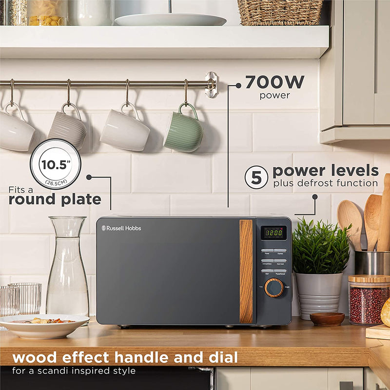 Russell Hobbs RHMD714G 17 L 700 W Digital Microwave with 5 Power Levels, Wood Handle & Dials, Clock & Timer, Automatic Defrost, Easy Clean