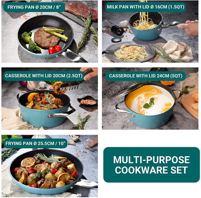 CUSIBOX Cookware Set Ceramic Nonstick Pan & Pot Set 8 Piece, Stock Pot, Frying Pan, Saucepan, Casserole, Saute Pan Glass Lid | Induction |