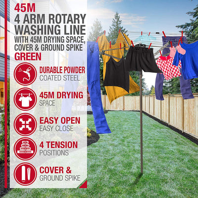 NETTA Rotary Washing Line 4 Arm 45M Dark Green, Cover And Ground Spike Included - Laundry Airer, Clothes Dryer, Garden Washing Line