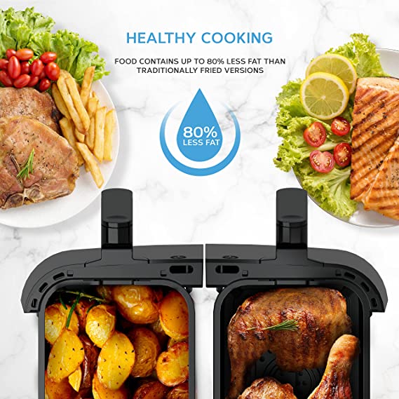 Devology Double Air Fryer - 9L - 2 x 4.5L Independent Cooking Zones - 50 Recipe Cookbook- 12 Cooking Programs - Digital LED Display - Healthy Oil-free