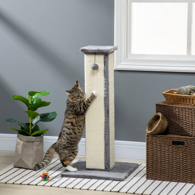 PawHut 81cm Cat Scratcher Vertical Full Scratcher with Natural Sisal Rope Hanging Ball and Soft Plush Grey