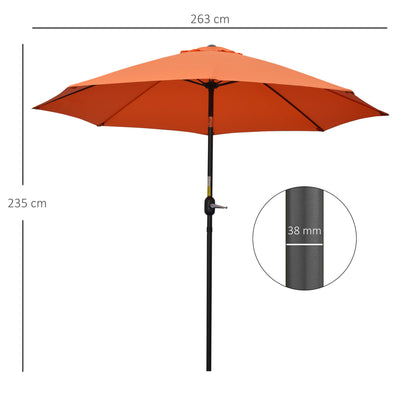 Outsunny 2.6M Patio Parasol Sun Umbrella, Tilt Shade Shelter Canopy with Crank 8 Ribs Aluminium Frame, Orange