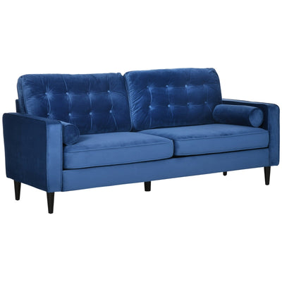 Three-Seater Velvet-Feel Sofa, With Pillows - Blue