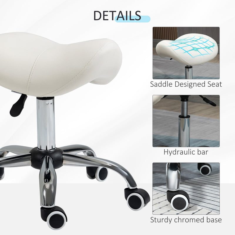 HOMCOM Cosmetic Stool 360° Rotate Height Adjustable Salon Massage Spa Chair Hydraulic Rolling Faux Leather Saddle Stool, Cream