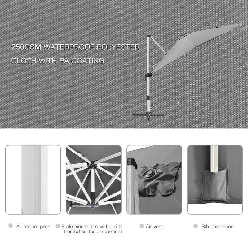 Outsunny 3 x 3(m) Cantilever Parasol, Square Garden Umbrella with Cross Base, Crank Handle, Tilt, 360° Rotation and Aluminium Frame, Grey