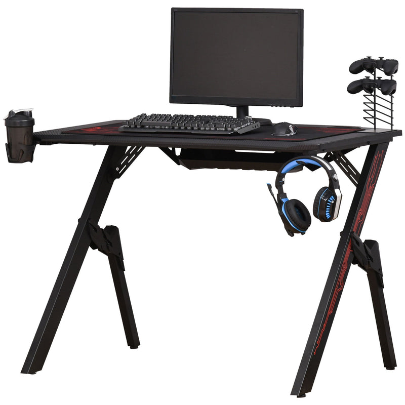 HOMCOM Gaming Desk, Racing Style Computer Table with Game Handle Holder, Cupholder, Headset Hook and Spider Leg for Study Workstation, Black