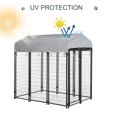 Caseta para perros de exterior PawHut, parque para perros con cubierta resistente a los rayos UV y diseño con cerradura, valla de metal para perros grandes y medianos, 183 x 121 x 183 cm