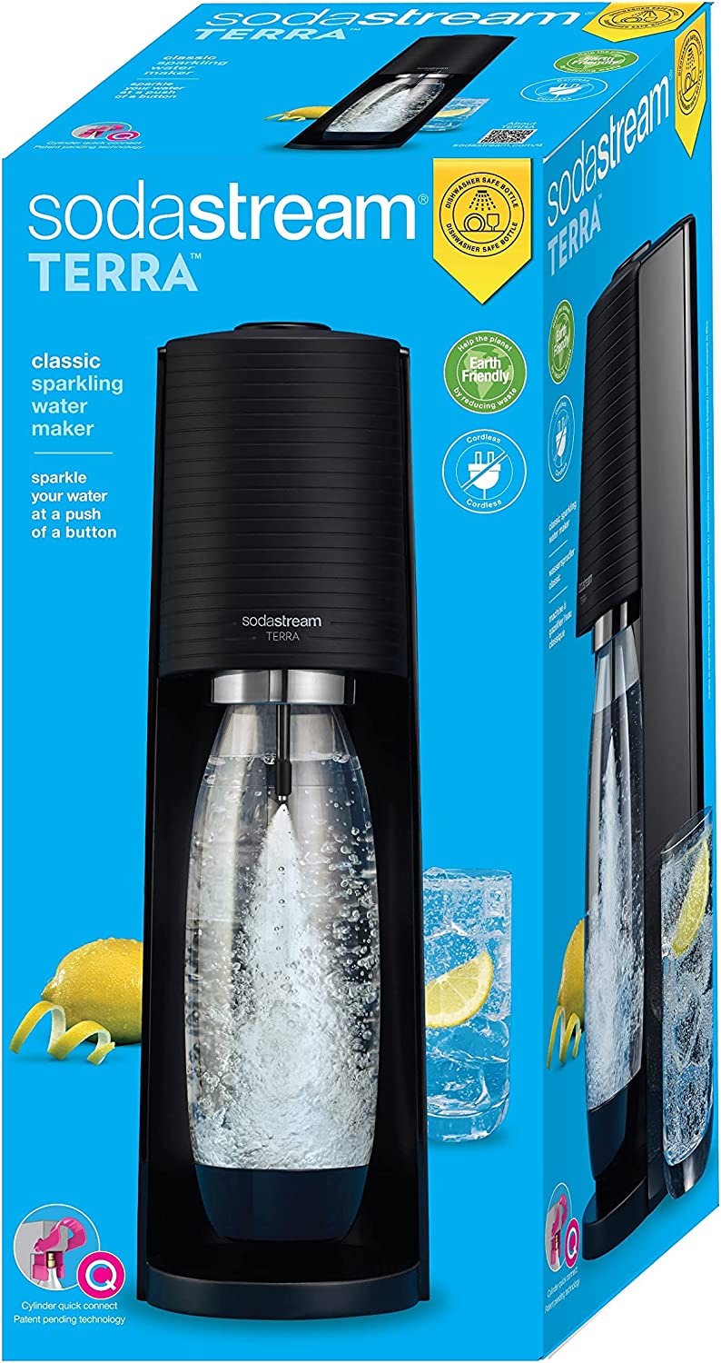 SodaStream Terra Sparkling Water Maker Machine with 1 Litre Reusable BPA-Free Water Bottle for Carbonating & 60 L Quick Connect CO2 Gas Cylinder Black